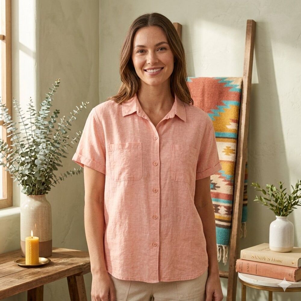 Enlighten Womens XL Orange Linen Blend Chambray Shirt Short Sleeve Pockets